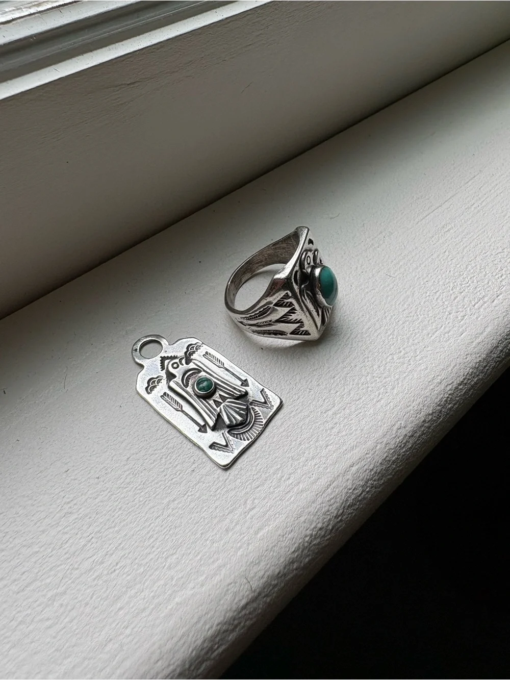 Bells Trading Thunderbird Sterling Silver Ring & Pendant w/ Turquoise Cabochons